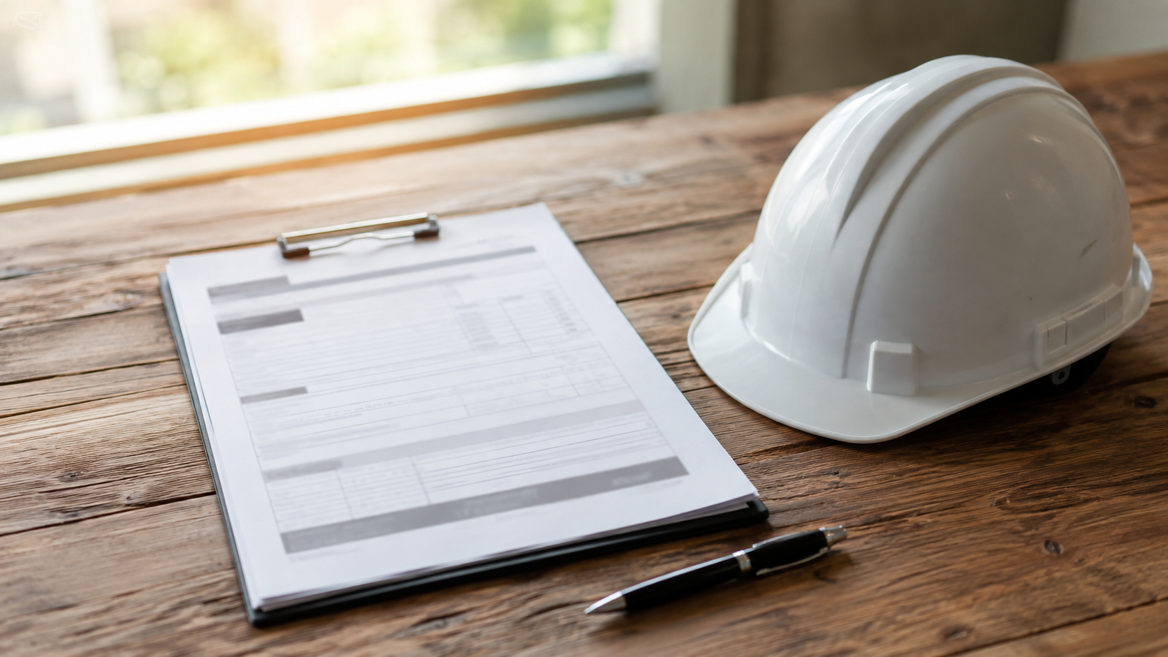 Contract paperwork on a clipboard beside a white hard hat