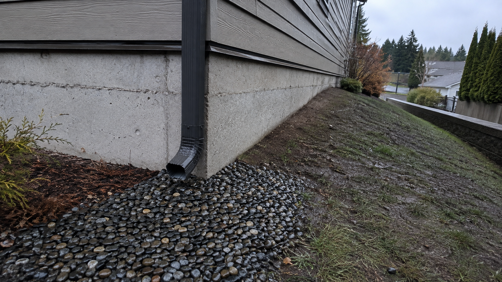Downspout discharging onto a gravel splash pad beside a concrete foundation